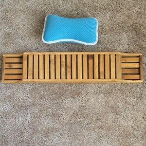 Bamboo Bath Tray with Blue Pillow
